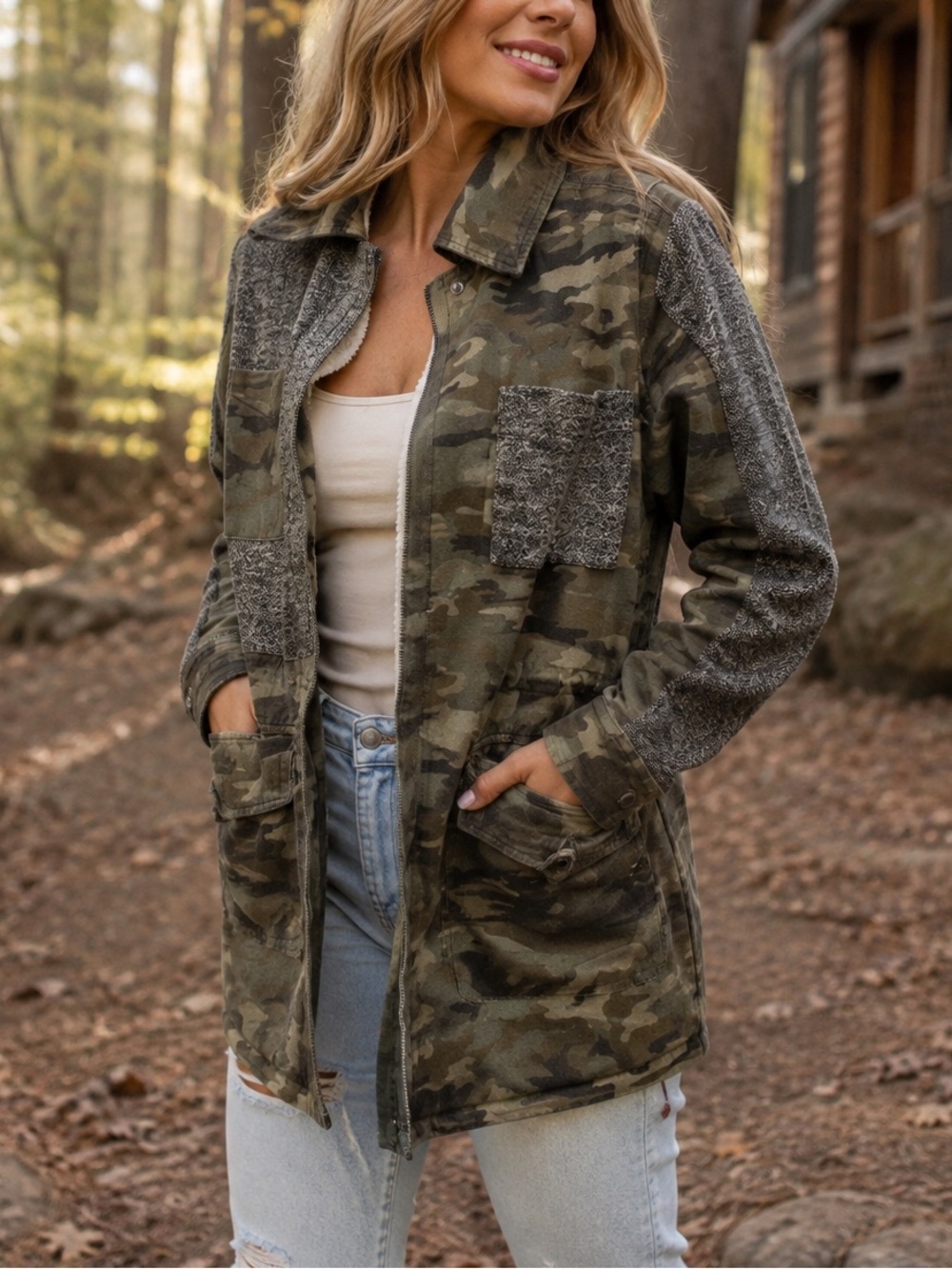 Mystree Medium Camo Mixed Media Sherpa Lined Utility Jacket Cargo Shacket Medium